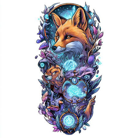 Cute fox with flowers and stars. Vector illustration of fox.の素材
