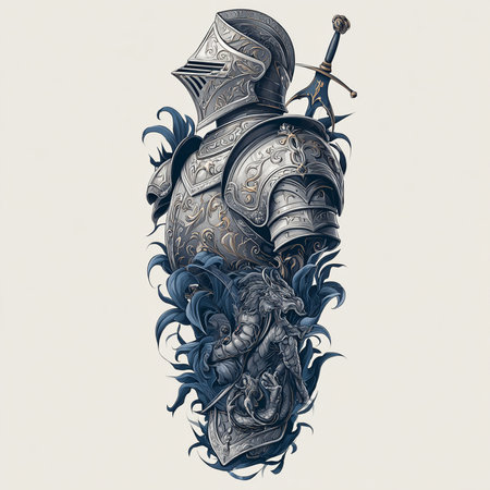 Vector illustration of medieval knight armor with sword and shield, isolated on white background.の素材