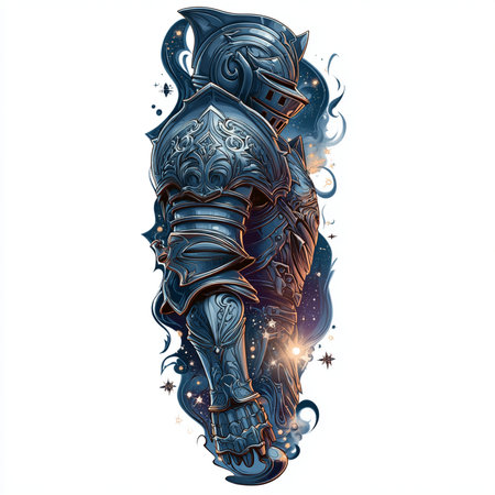 Vector illustration of a medieval knight in armor on a white background.の素材