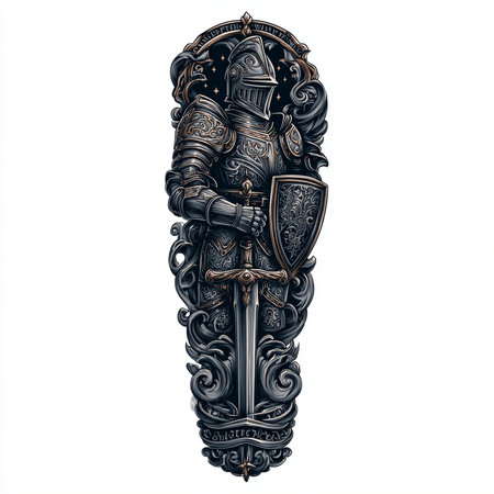 Medieval knight with sword and shield, isolated on white background.の素材