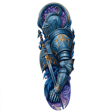 Samurai armor with sword and shield. Hand drawn vector illustration.の素材