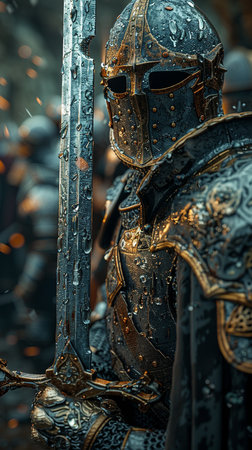 Medieval knight in armor with sword and shield, close-upの素材