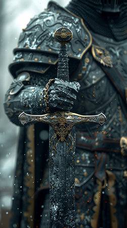 Close-up of a medieval knight's sword in the armor.の素材
