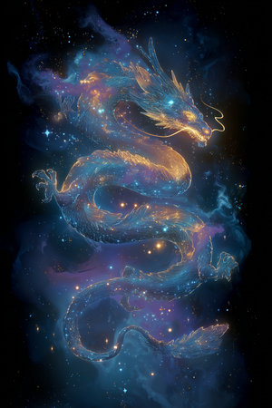 Fantasy dragon in cosmic space. Colorful fractal illustration.の素材