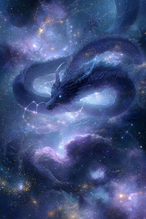 3D rendering of a fantasy dragon in space surrounded by stars.の素材