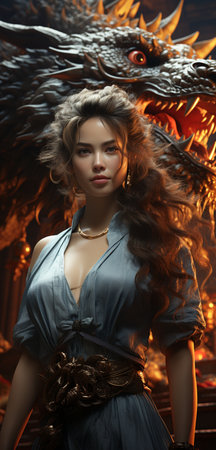 Portrait of a beautiful young woman in a long blue dress with a dragon.の素材
