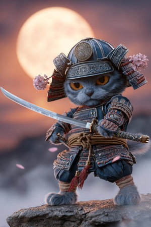 Kung fu master with a sword on the rock in the moonlightの素材