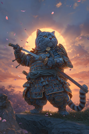 Samurai in armor with a sword against the background of the sunsetの素材
