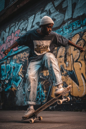 young african american man with skateboard in front of graffiti wallの素材