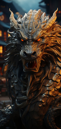 dragon statue in the temple, closeup of photo with shallow depth of fieldの素材