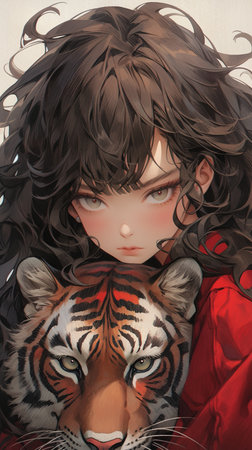 Girl with tiger in her hair. Illustration of a fairy tale.の素材