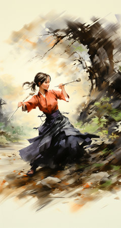 Beautiful girl in a long skirt in the autumn forest. Digital painting.の素材