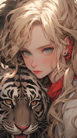 Beautiful girl with tiger in her hair. 3d illustration.の素材