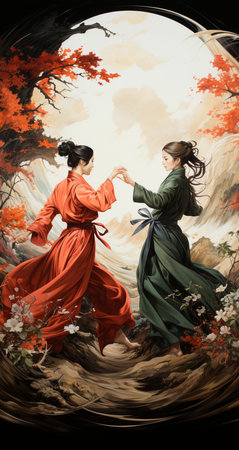 Chinese girls in traditional dress dancing in the autumn forest. Vintage paintingの素材