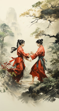 Digital painting of two women in traditional Japanese clothes dancing in a pondの素材