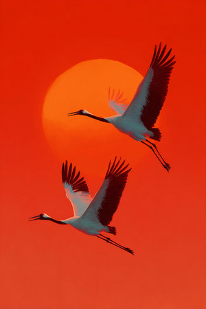 Two cranes flying in the sky with a red sun in the backgroundの素材