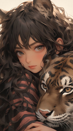 Beautiful girl and tiger on a white background. 3d rendering.の素材