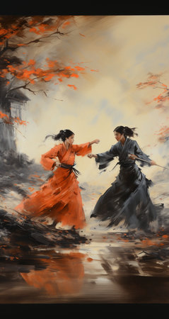 traditional japanese kimono dance in a foggy landscapeの素材