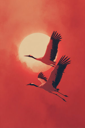 Two cranes on the background of the rising sun. Digital painting.の素材