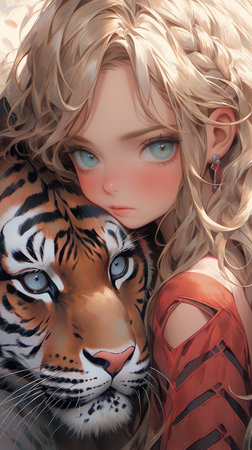 3d illustration of a girl with a tiger in her hair.の素材