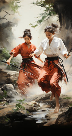 Two women practicing kendo in a stream, chinese traditional martial artの素材
