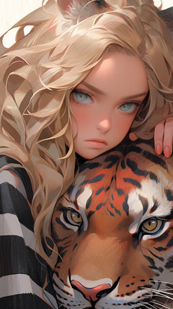 Tiger girl with a tiger cub in her arms. 3D renderingの素材