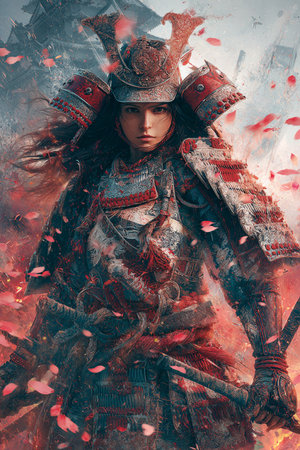 Portrait of a medieval warrior in armor over grunge background.の素材