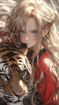 3D illustration of a beautiful girl with a tiger in her hairの素材