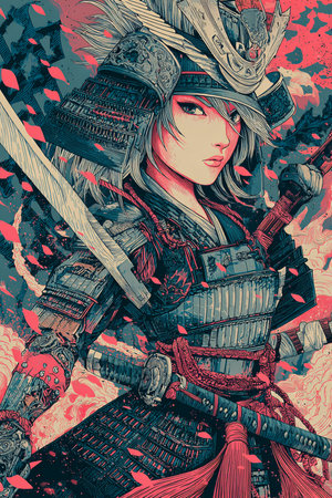 Warrior woman with sword and helmet. Fantasy illustration. Colorful background.の素材