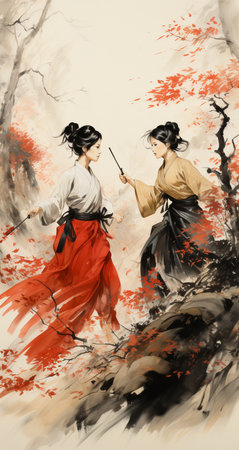 Fantasy illustration of a Japanese woman in a kimono with a swordの素材