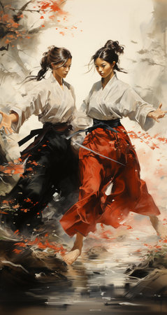 Kung fu girls in traditional dress. Japanese martial arts. Painting on canvas.の素材