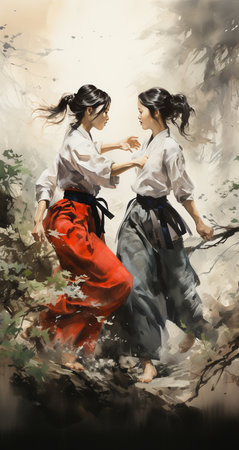 Painting of two karate girls fighting in the woods. Tae Kwon Do.の素材