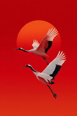 Two storks flying on a red background with a rising sun.の素材