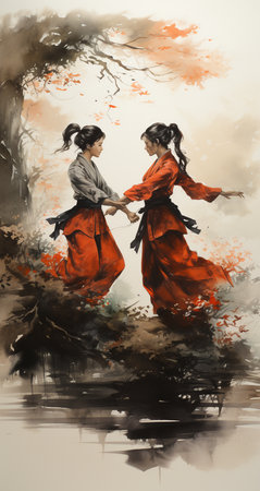 Two girls in a traditional Chinese dress dancing in the autumn forest.の素材