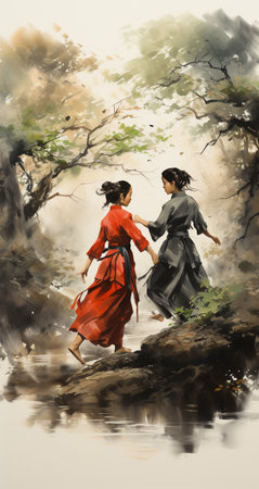 Digital painting of a couple in traditional Japanese dress dancing in the riverの素材