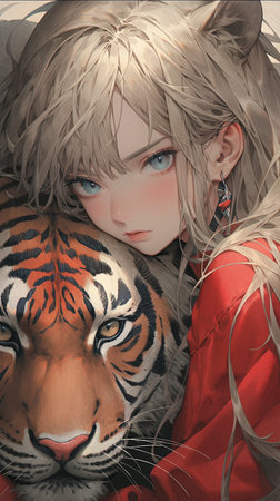 3D Illustration of a Fantasy Girl with a tiger in her hairの素材