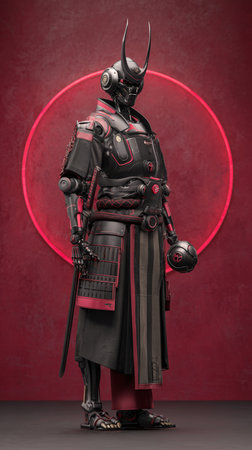 Cyborg with black armor and red circle on red background 3D renderingの素材