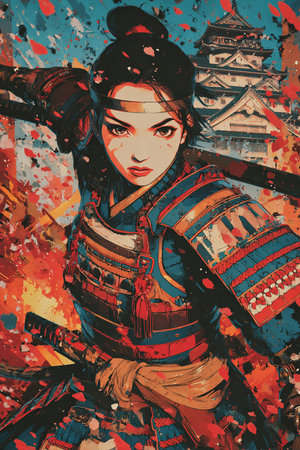 Warrior woman. Colorful grunge background. Fantasy illustration.の素材