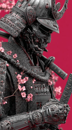 Samurai warrior with sword and cherry blossoms on a red backgroundの素材