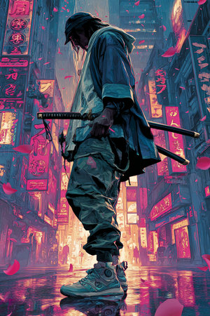 3D rendering of a Japanese ninja with a sword in his hand.の素材