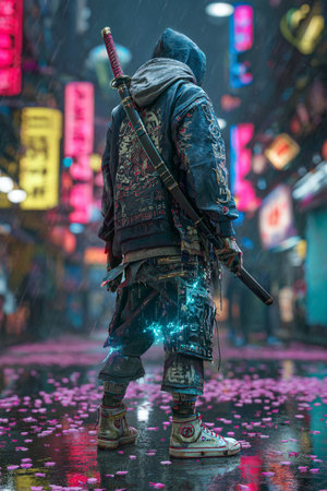 Unidentified Chinese man with katana sword in the street of Hong Kong, China.の素材