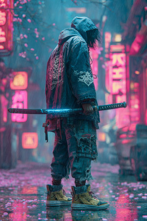 Unidentified Chinese man dressed in traditional costume with katana sword in the street.の素材
