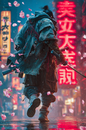 Chinese man in traditional costume with katana sword in the street.の素材