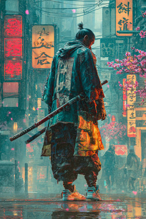 Unidentified Chinese man with katana sword in the street.の素材