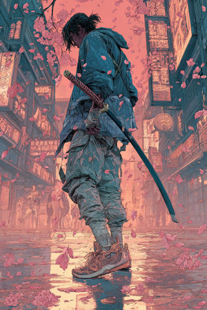 Fantasy illustration of a Japanese samurai with a sword in the city.の素材