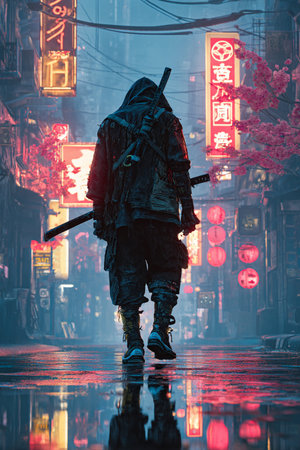 Soldier walking in the street with lanterns and foggy backgroundの素材