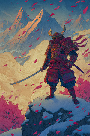 Samurai with sword in the mountains. Fantasy illustration. Digital painting.の素材