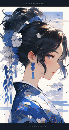 Young beautiful girl in a kimono with flowers in her hairの素材