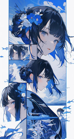 Beautiful girl with flowers in her hair in the style of mangaの素材