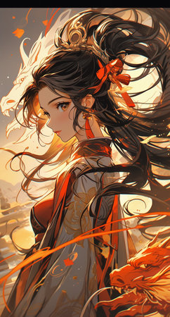 Fantasy illustration of a beautiful girl with flying hair in the wind.の素材